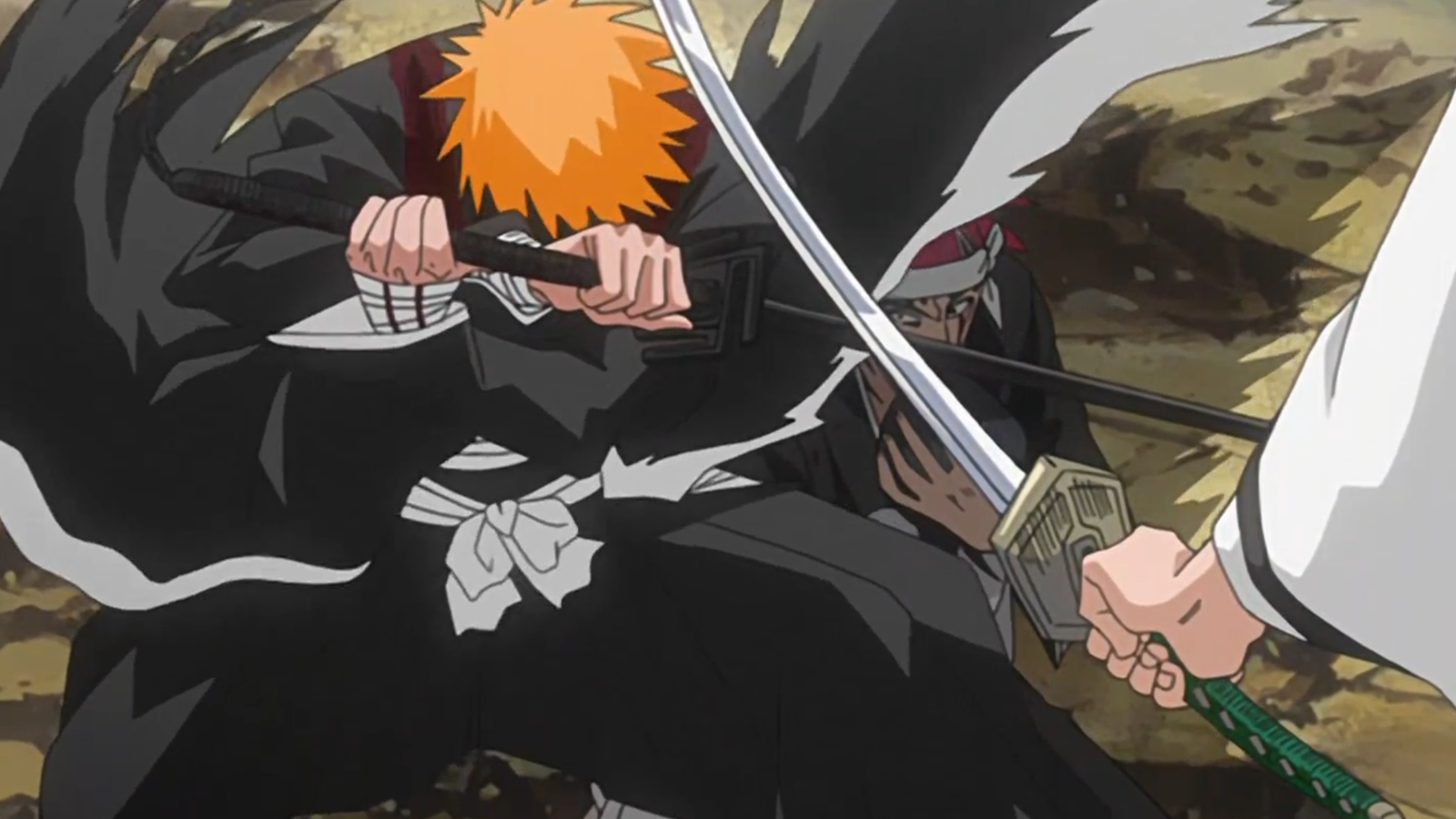 Ichigo is saving Renji from Aizen with his sword pulled up in Bleach 