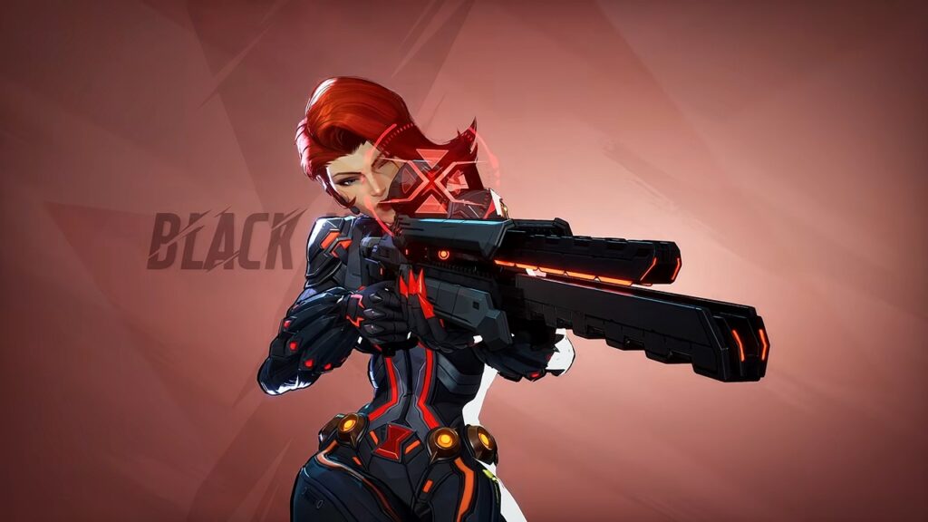 A close-up of Black Widow aiming her Sniper Rifle in Marvel Rivals.