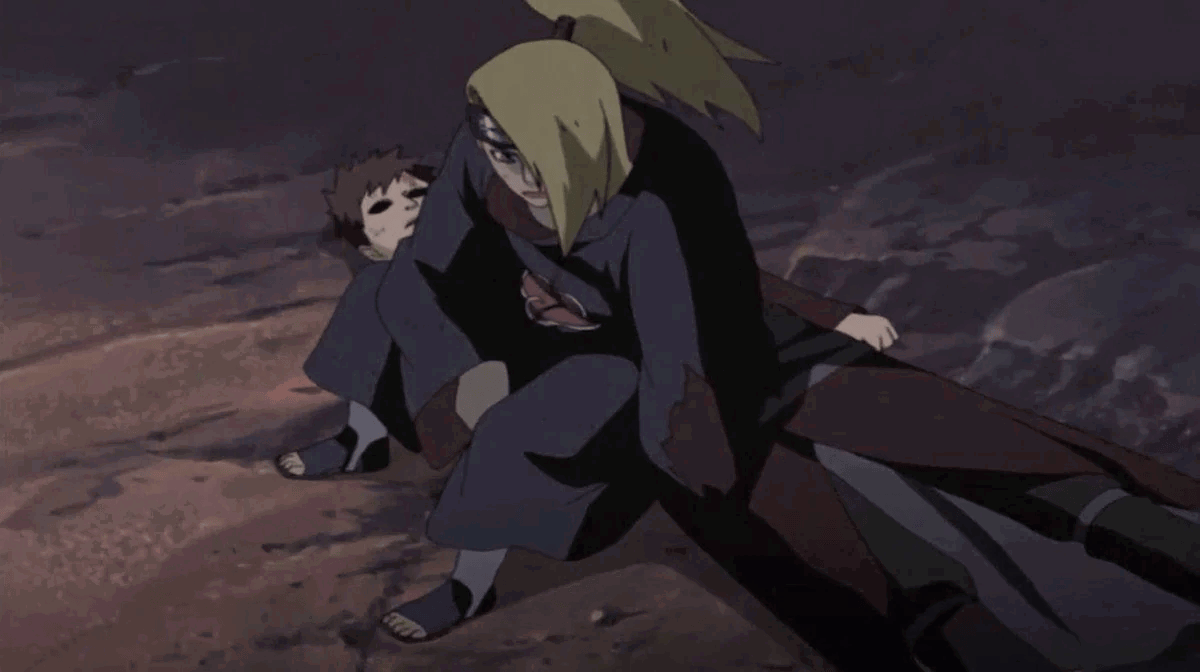 Deidara sitting on Gaara's corpse and talking to Sasori in Naruto. 