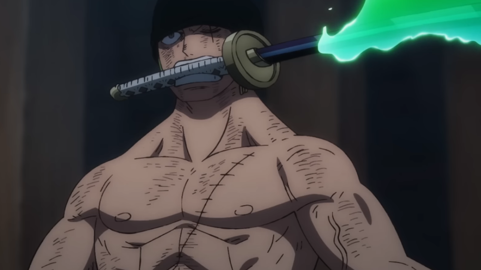 Zoro is holding a sword in his mouth and it’s glowing green in One Piece 