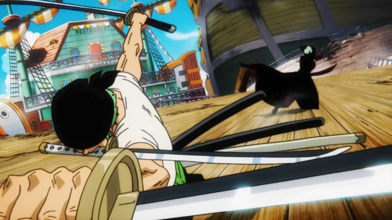 A still of Zoro fighting with three swords against Mihawk 