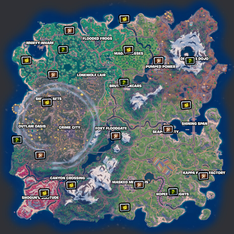 Fortnite Chapter 6 Season 2 map with all the SHADOW Briefing terminal locations marked.