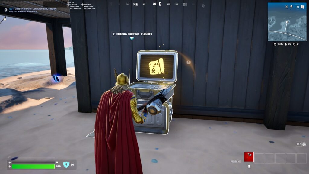 Fortnite gameplay screenshot of a player interacting with a Shadow Briefing terminal.