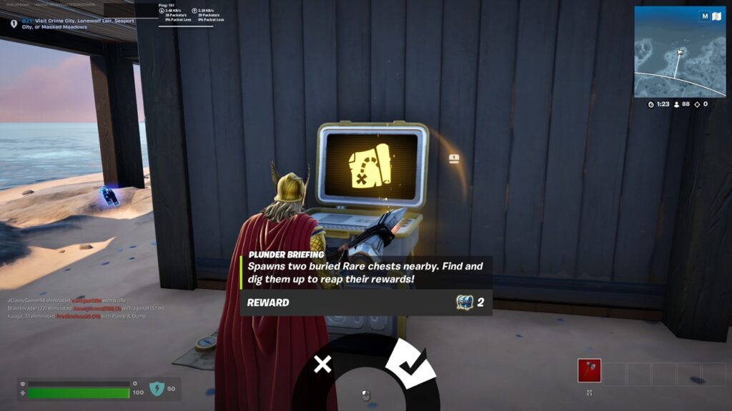 Fortnite gameplay screenshot of a player accepting a SHADOW Briefing mission.