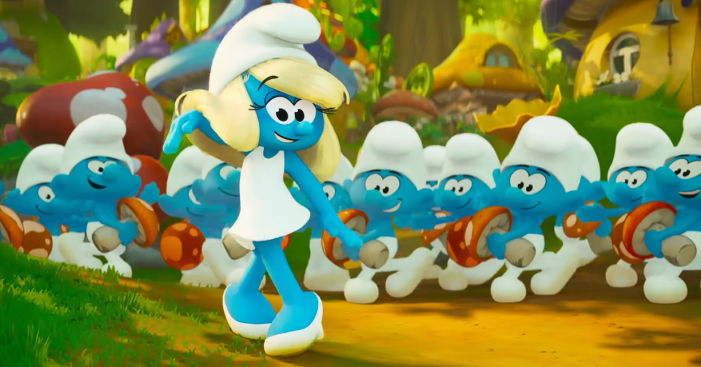 Smurfs dancing together. 