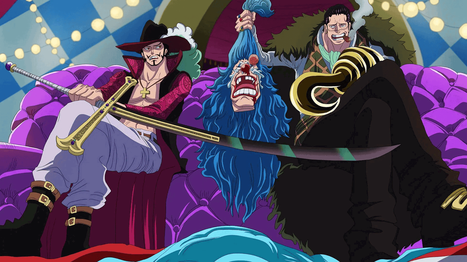 Mihawk and Crocodile threatening Buggy in One Piece. 