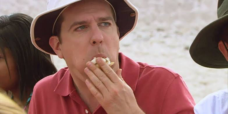 Ed Helms as Andy Bernard eating hot dogs in Beach Games episode of The Office 