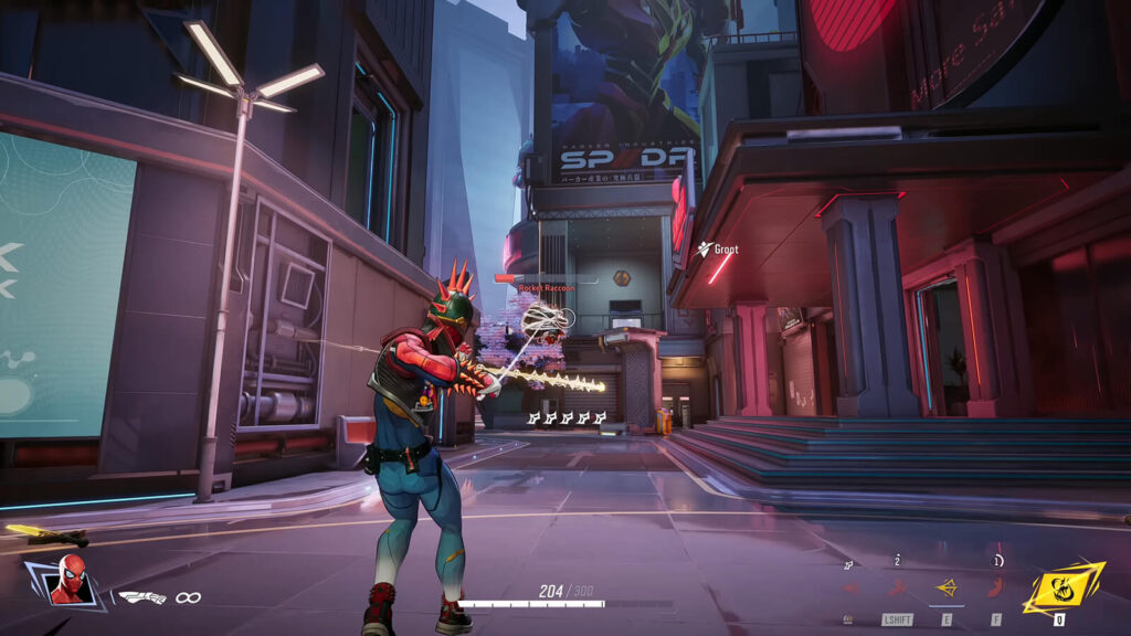 Marvel Rivals gameplay screenshot showcasing the upcoming Spider-Punk 2099 Spider-Man skin.