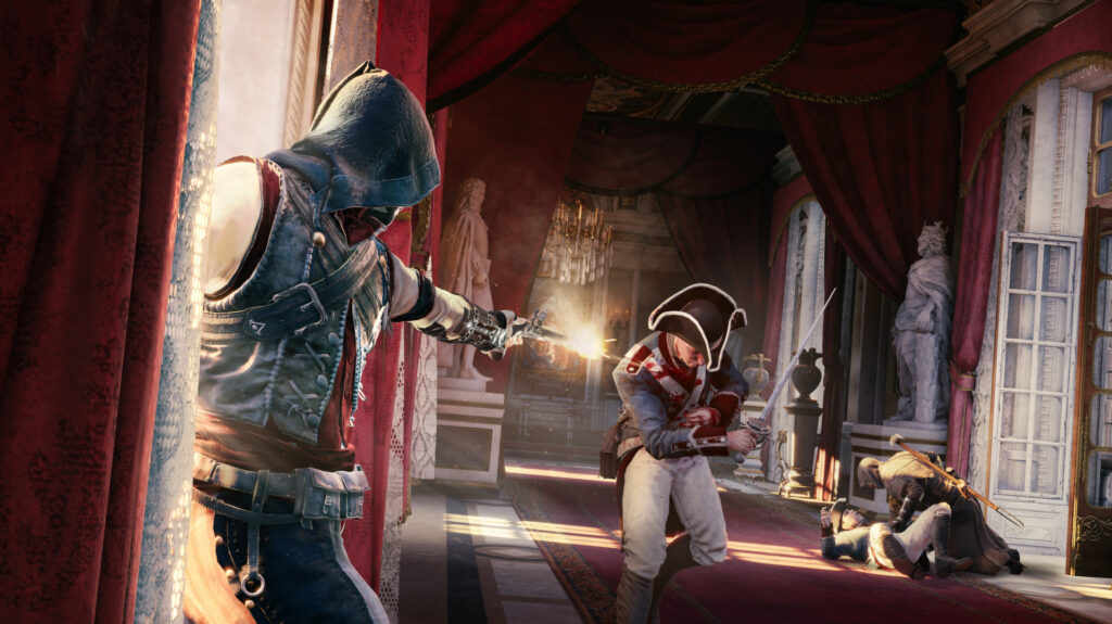 The image shows the player using a gun in Assassin's Creed Unity