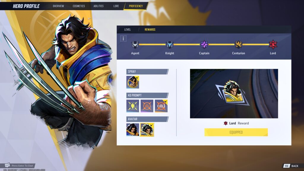 Marvel Rivals in-game screenshot showcasing Wolverine's Lord icon alongside other Proficiency rewards.