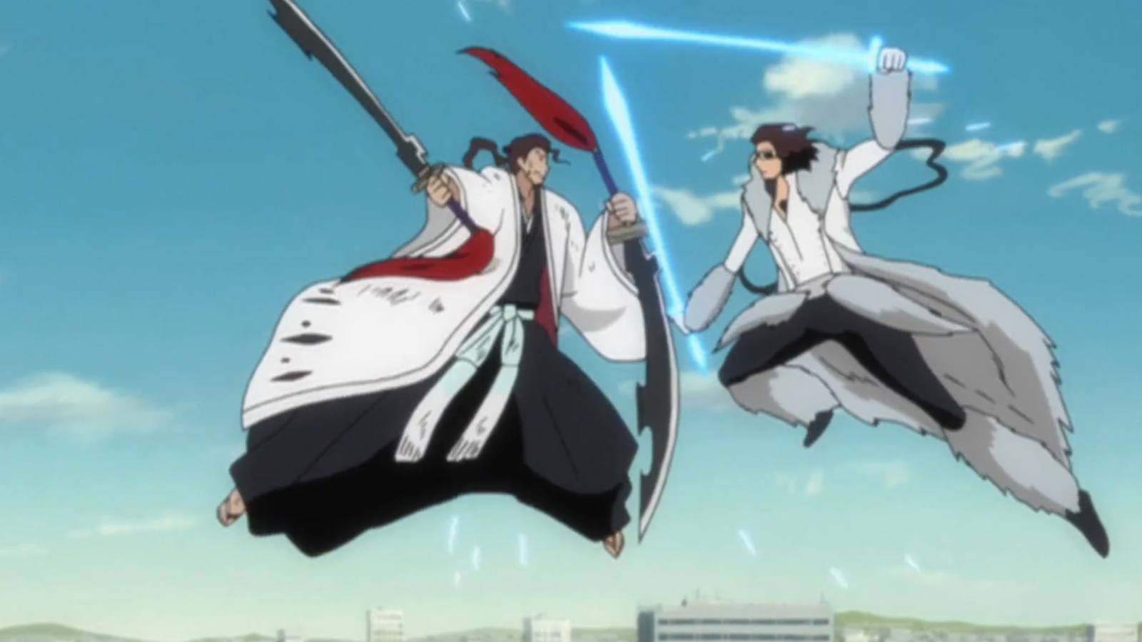 The picture shows Shunsui and Starrk fighting with swords in Bleach 