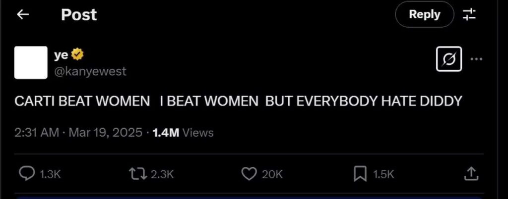 Kanye West's latest tweet, admitting beating women