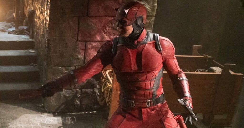 Charlie Cox's wearing his latest red suit in Daredevil: Born Again in a fighting pose