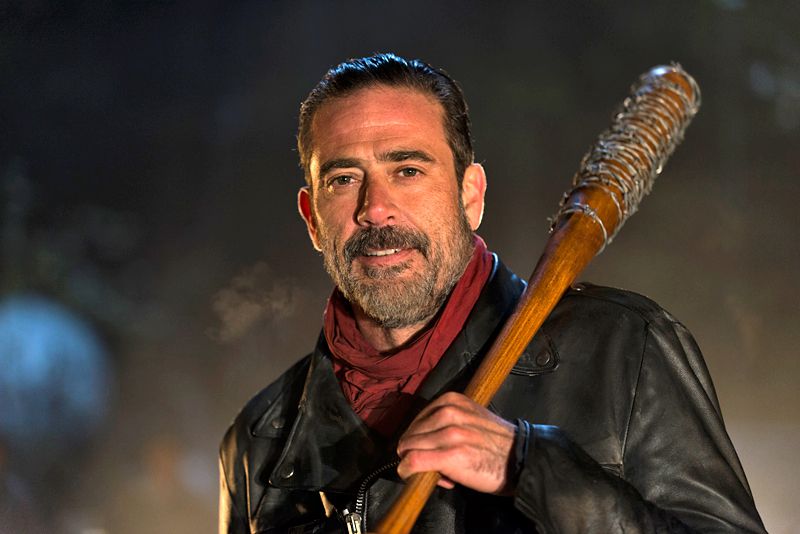 Jeffrey Dean Morgan a Negan with his barbed baseball bat Lucille on his shoulder.