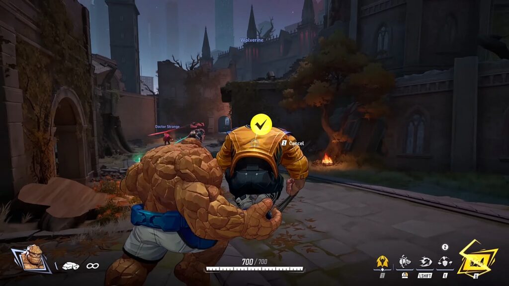 Marvel Rivals gameplay screenshot featuring The Thing coordinating with a Wolverine.