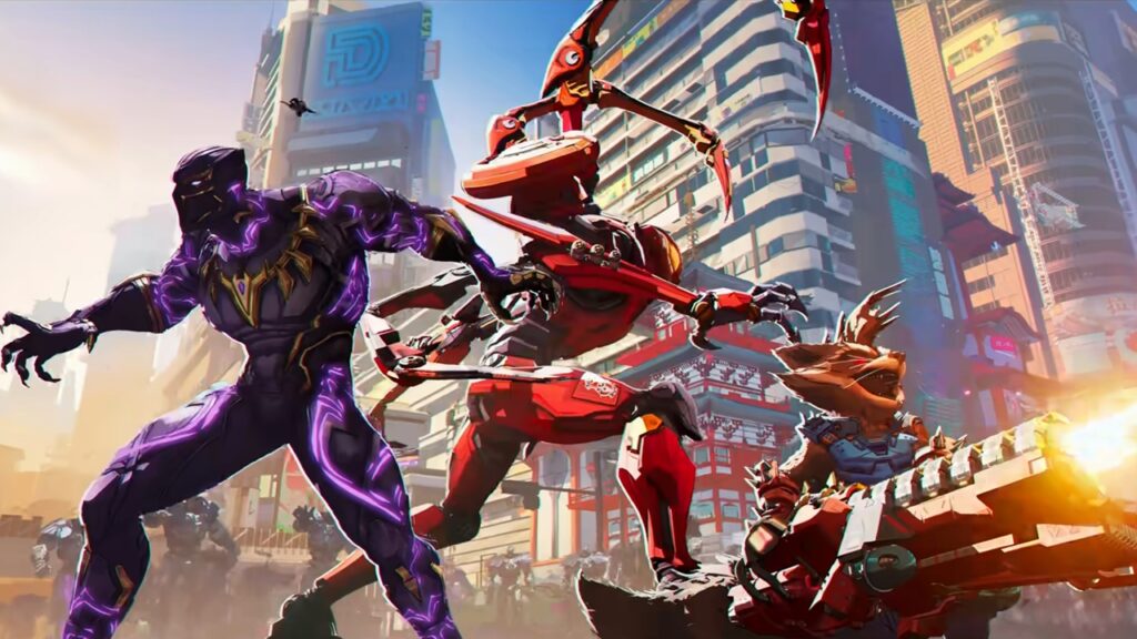 Marvel Rivals trailer screenshot featuring Black Panther, Peni Parker, and Rocket Raccoon.