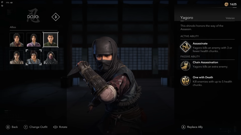 Assassin's Creed Shadows screenshot featuring ally Yagoro in the Dojo. 