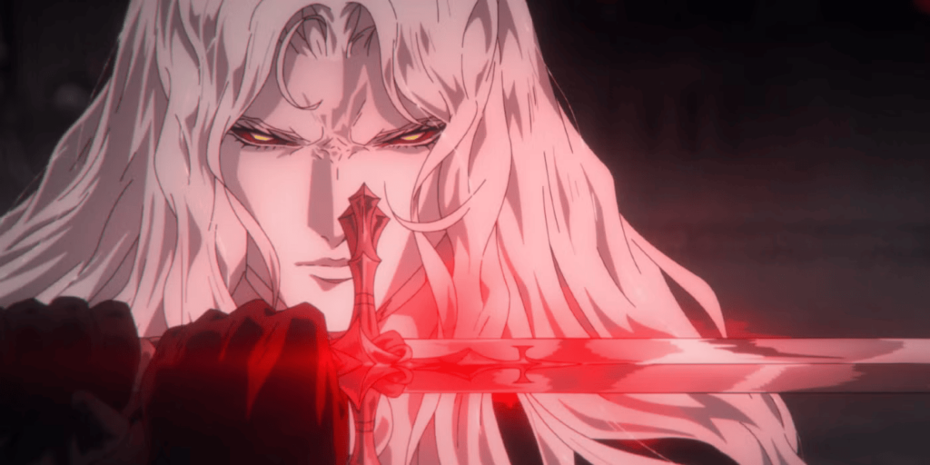 Alucard holding his sword in Castlevania: Nocturne.