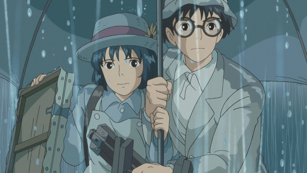 Jiro and Naoko in the rain in The Wind Rises.