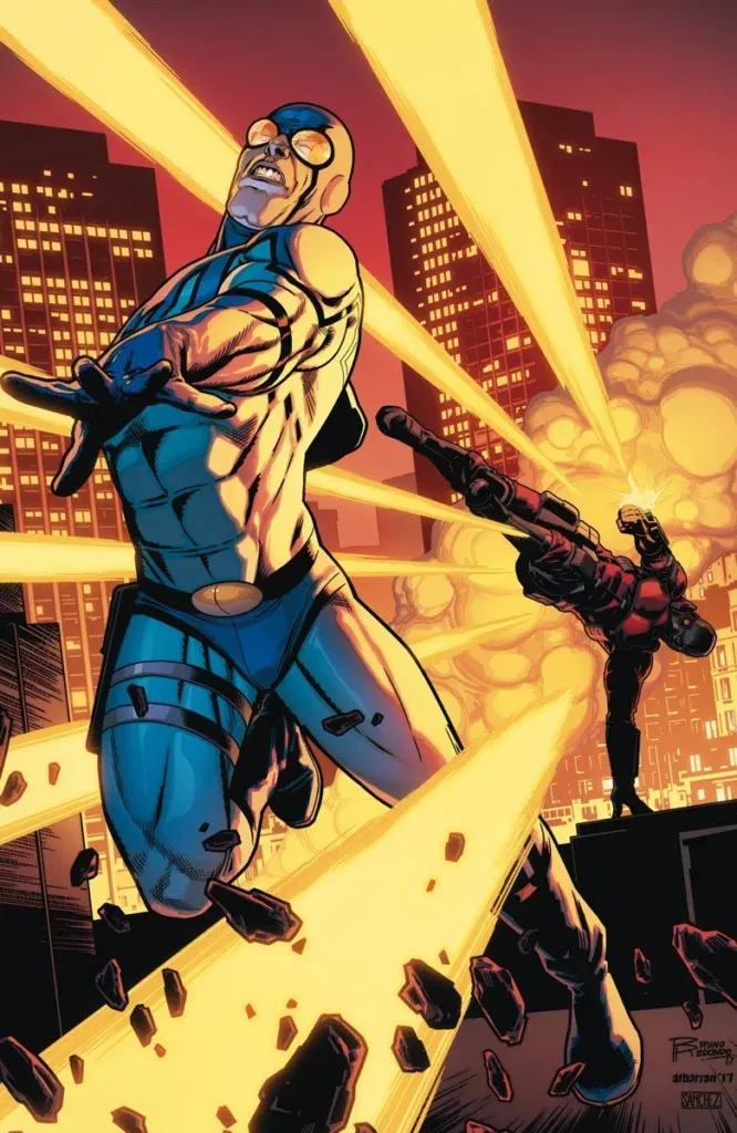 10 DCU Roles That Would Be Perfect for Henry Cavill 18 Blue Beetle in the midst of a battle with the backdrop of city skyline
