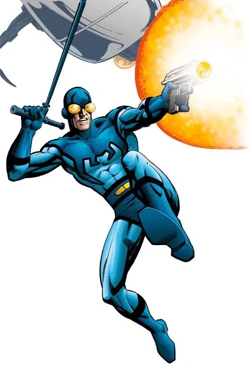 10 DCU Roles That Would Be Perfect for Henry Cavill 21 Blue Beetle swinging across the city while shooting his gun