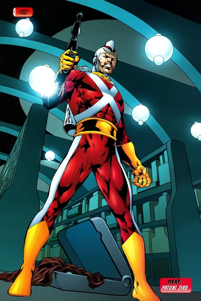 Adam Strange making a power pose with a stun gun on his hand