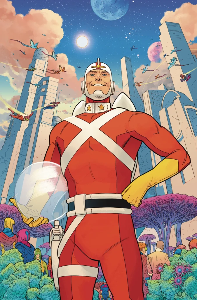 Adam Strange standing tall with a clear globe in his hand with a utopian backdrop