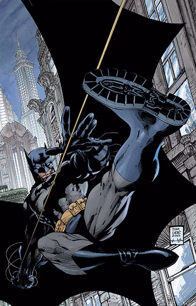 Batman swinging across the city with a rope in his hand
