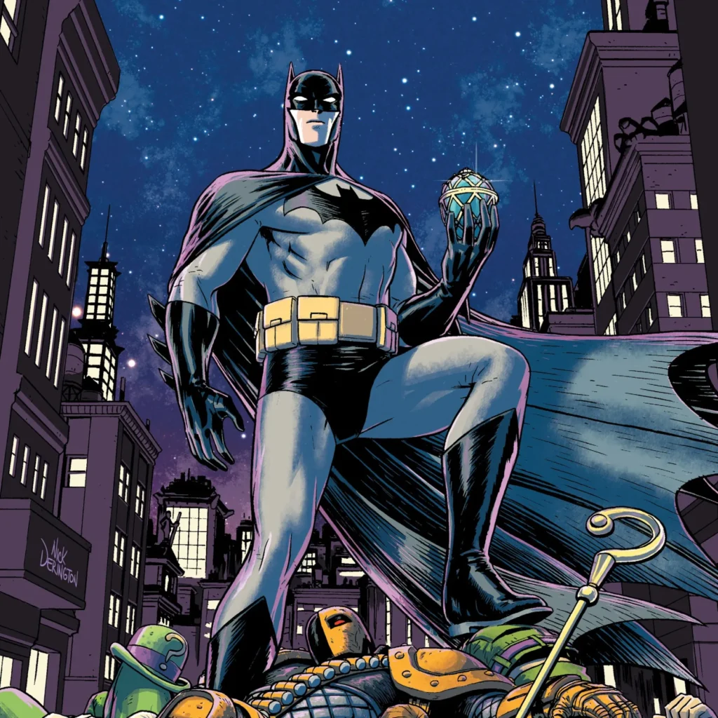 Batman holding an orb after defeating the enimies