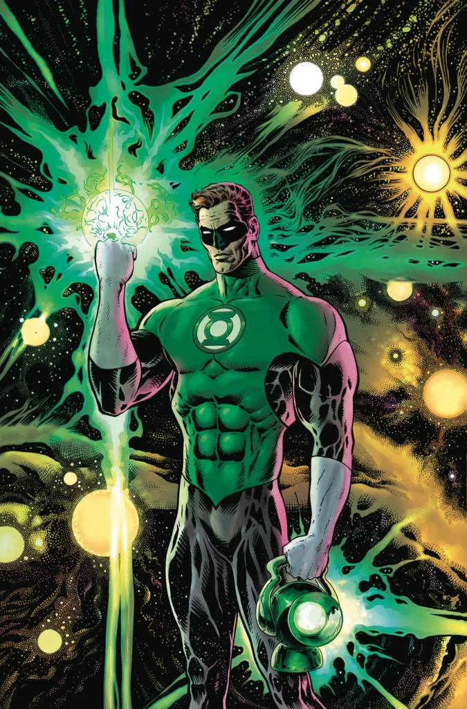 Green Lantern is posing with his ring on his right hand and carrying the lamb on his left hand