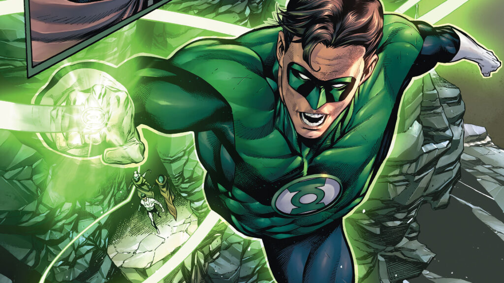 Green Latern punching across the room mid flight