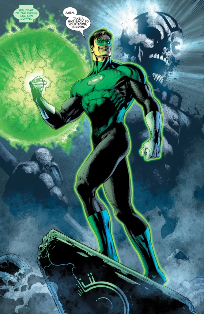 Green Lantern is making a power pose on top of a broken building 