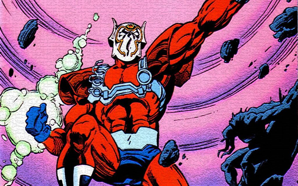 Orion is making a power pose with a purple sky surrounding him