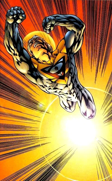 Apollo in his flight pose with a huge ball of light behind him