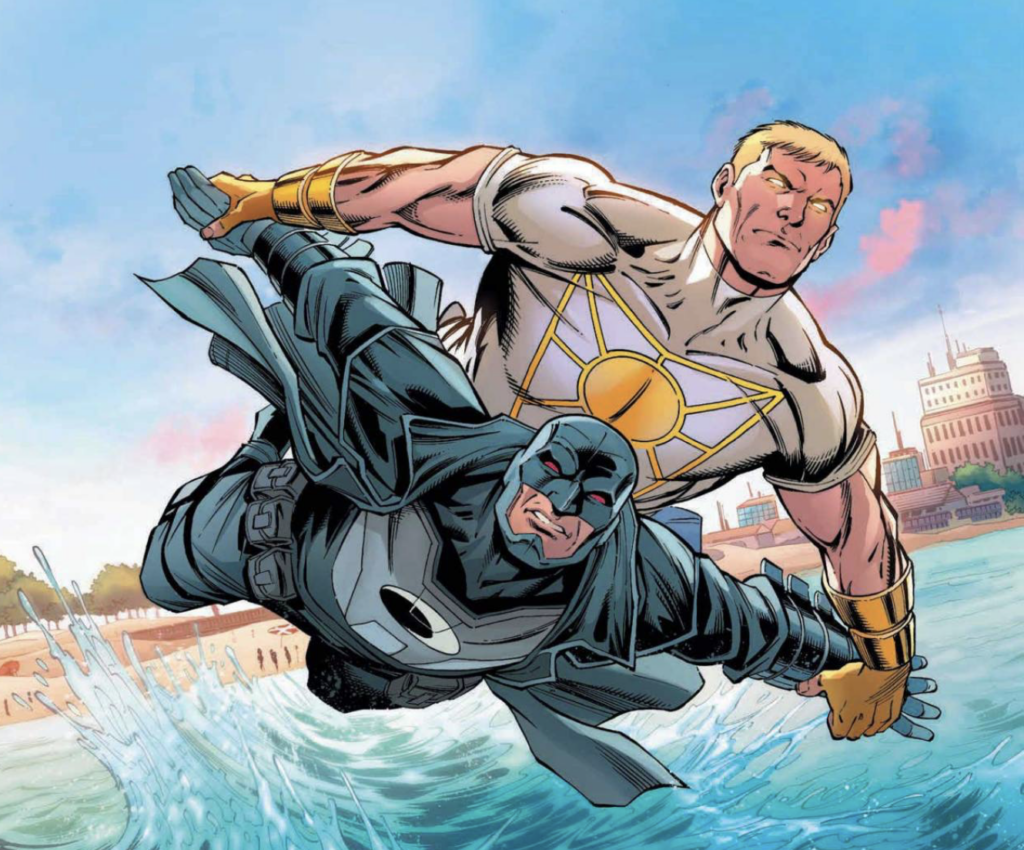 Apollo helping Midnighter fly around the city