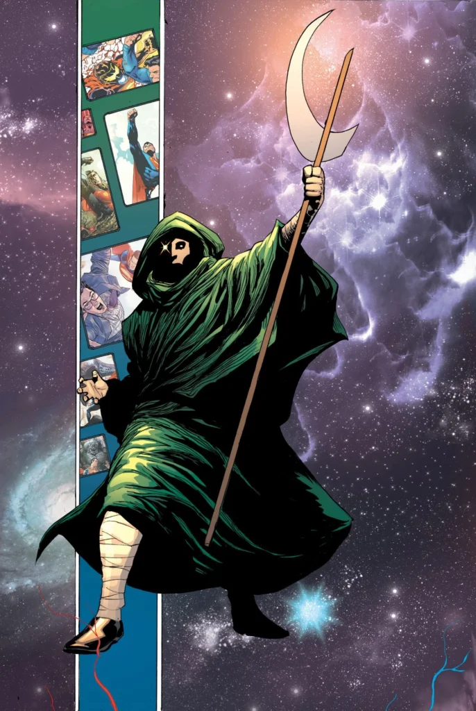 Jor-El wearing a cloak floating mid-air with a crescent-shaped staff