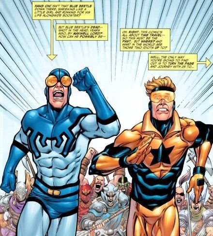 Blue Beetle and Booster Gold running away from enemies