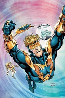 Booster Gold flying with Goldstar flying towards high up the sky
