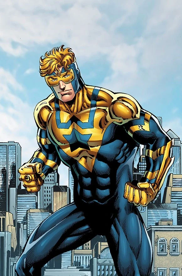 Booster Gold striking a pose with the backdrop of the city's skyline