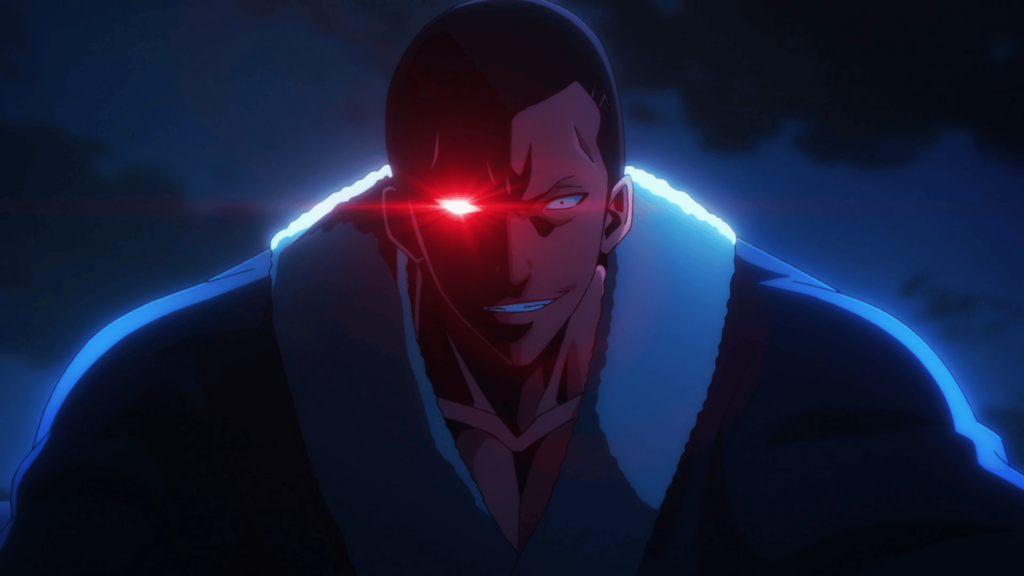 Hwang Dongsoo with an eye glowing red and smiling menacingly in Solo Leveling.