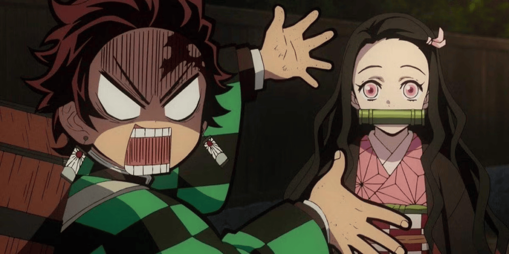 Tanjiro gesturing at Nezuko in Demon Slayer.