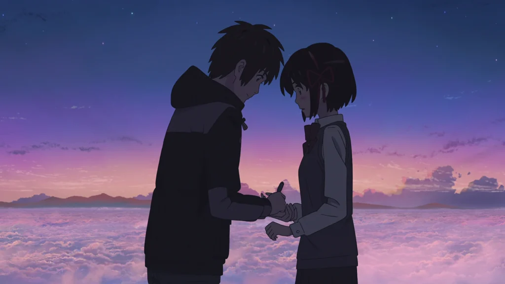 Taki and Mitsuha standing at the mountaintop