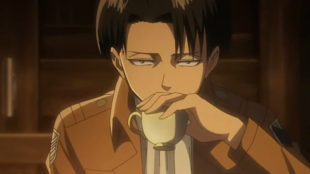 Levi has his hand on a tea cup in a dimly lit room in Attack on Titan anime