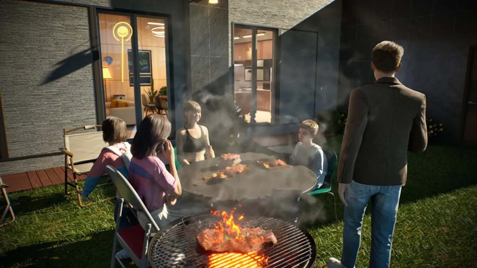 The protagonist in a backyard with his family in InZoi.