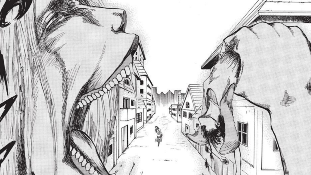 The picture shows Dina Titan who is holding Carla in front of it’s mouth in Attack on Titan manga