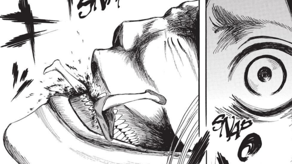 Carla’s legs are sticking out of Dina Titans mouth in Attack on Titan manga