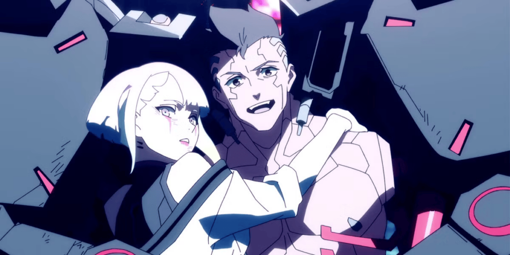 David carrying Lucy in in Cyberpunk: Edgerunners.