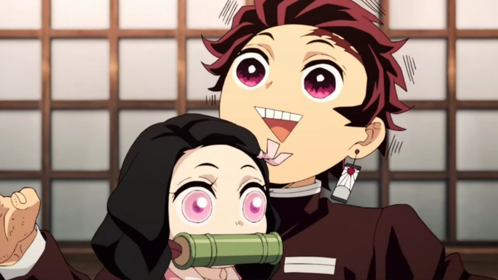 Tanjiro and Nezuko are both visible in the frame and it’s their chibi versions from Demon Slayer anime