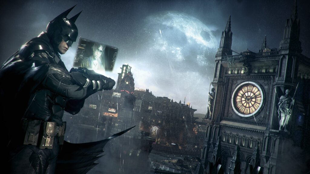Screenshot of Batman on top of a building in Batman: Arkham Knight