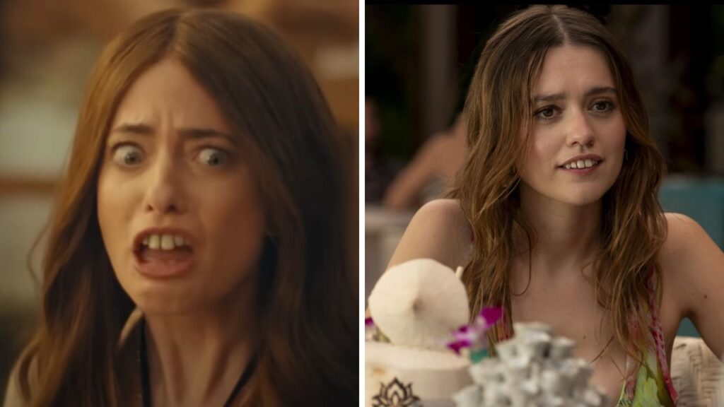 Sarah Sherman copying Aimee Lou Wood in the White Lotus Parody and Aimee Lou Wood as Chelsea in The White Lotus